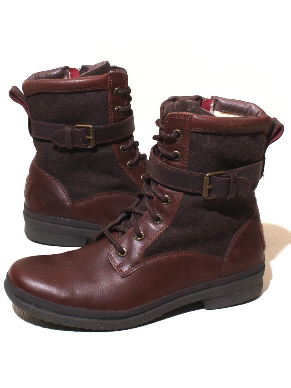 UGG Womens Size 8 Waterproof Shearling Lined Combat Boots Brown Leather Zip Lace